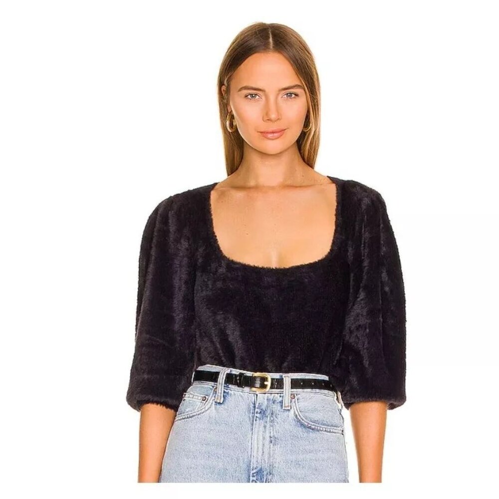 Free People Large Black Sweater Moonbeam Pullover Soft‎ Fuzzy 3/4 Sleeve Soft
